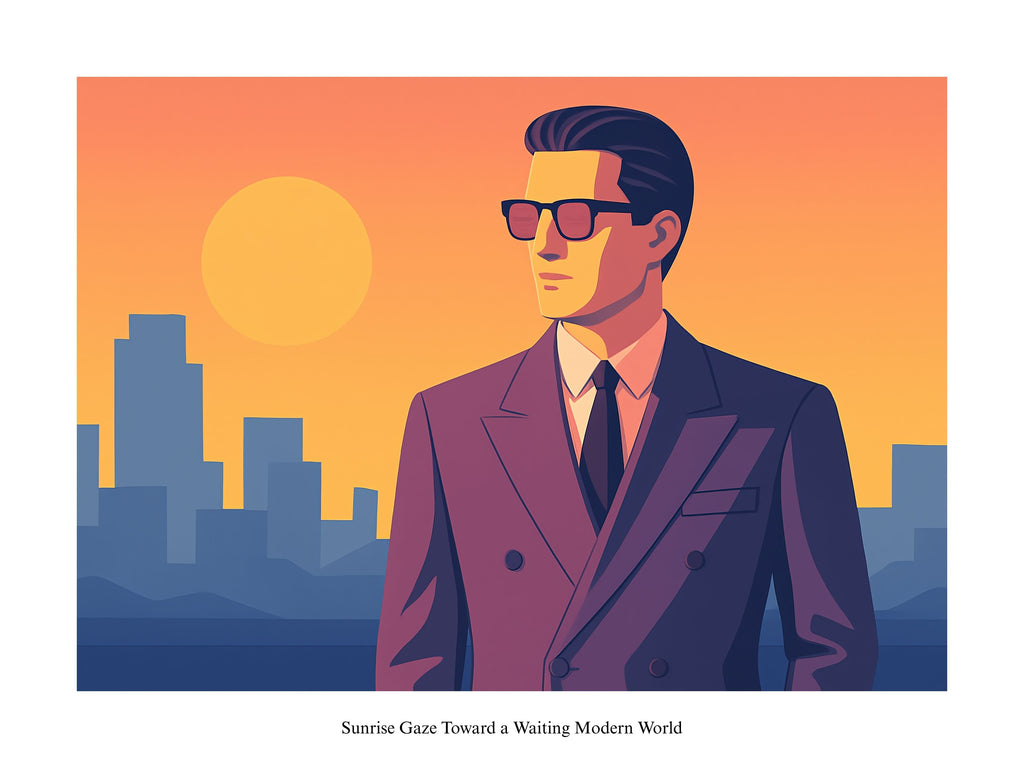 Illustration of a man in a suit with a cityscape and sunrise in the background