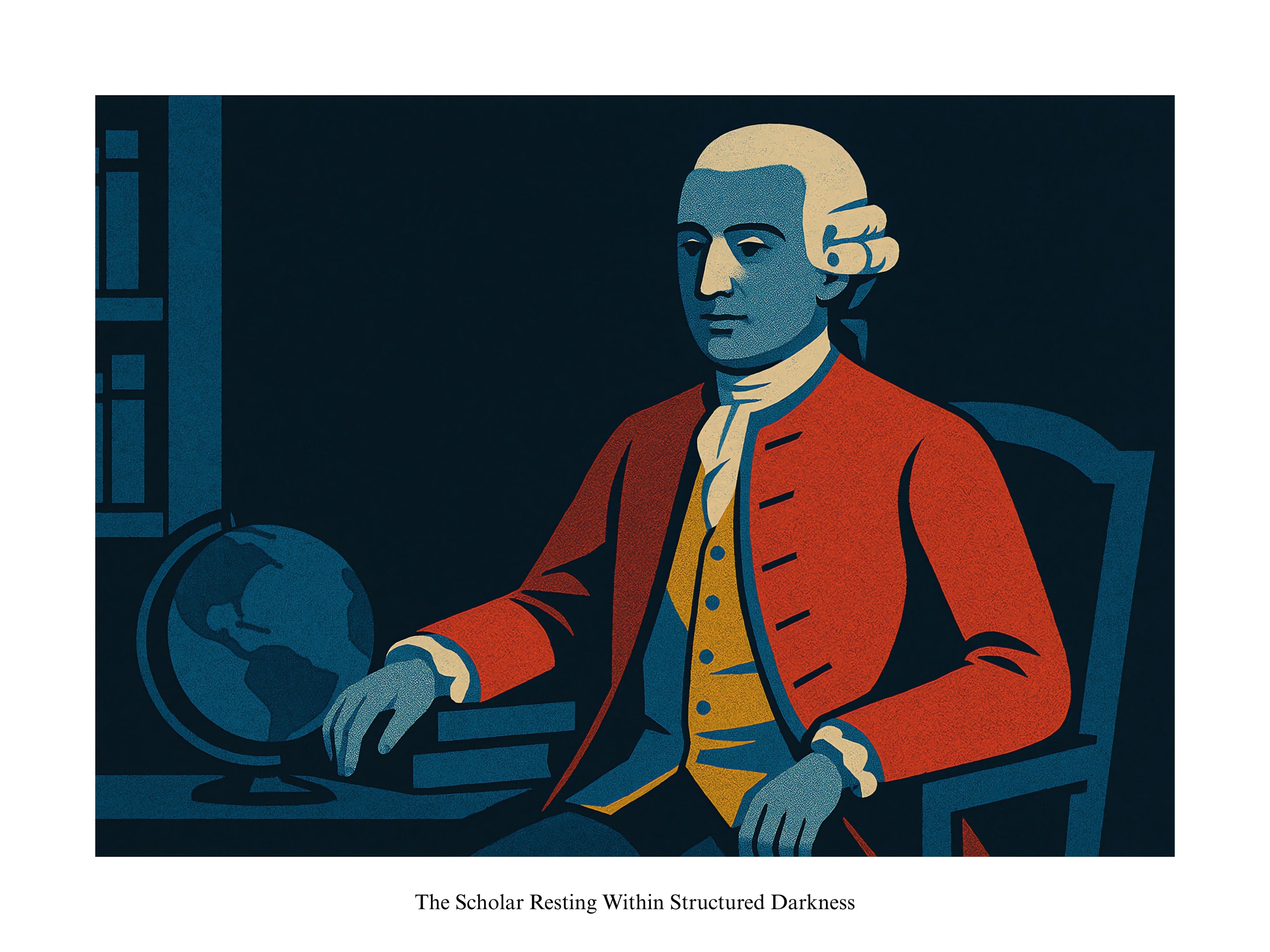 Illustration of a scholar in a red coat sitting at a desk with a globe and books.