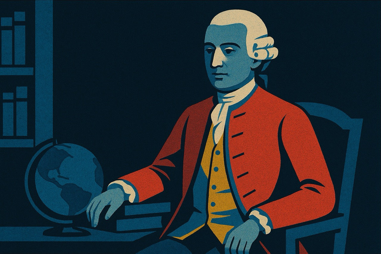 Illustration of a person in a red coat sitting at a desk with a globe and books.