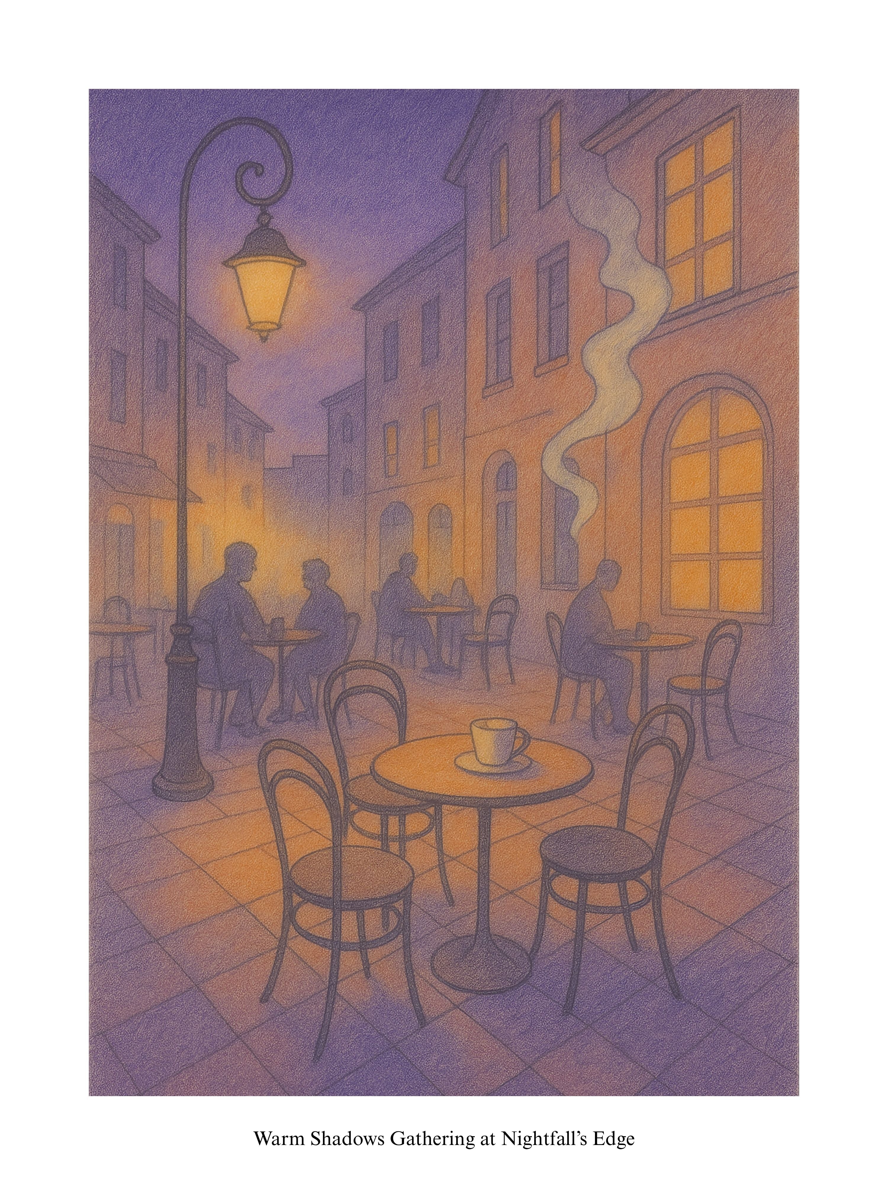 Illustration of a street scene with people sitting at tables under a street lamp during nightfall.