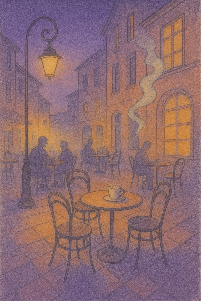 Evening street scene with people sitting at tables and a steaming cup of coffee.