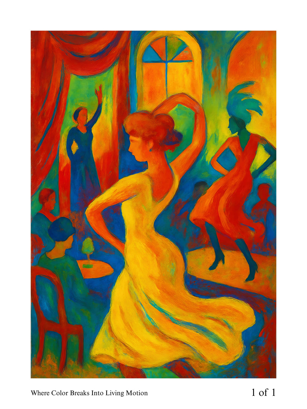 Colorful abstract painting of a woman dancing with other figures in a room.