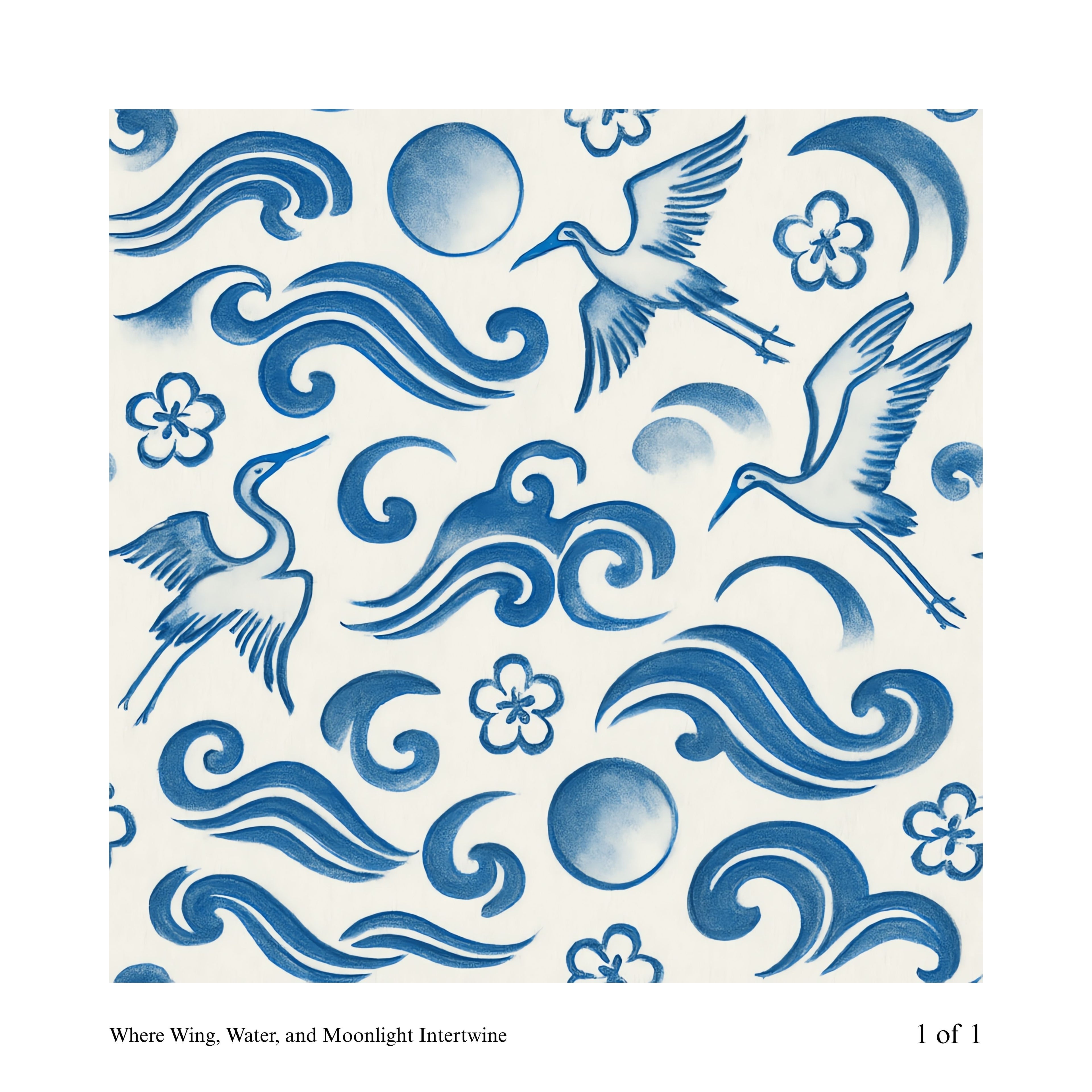 Pattern of blue birds, waves, and flowers on a white background