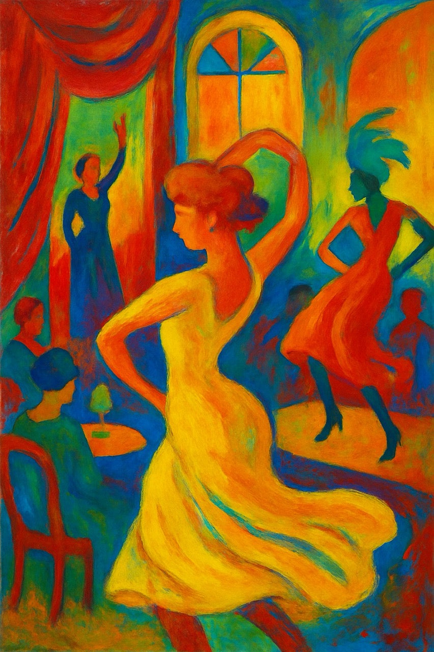 Colorful painting of a woman in a yellow dress dancing with other figures in a vibrant setting.