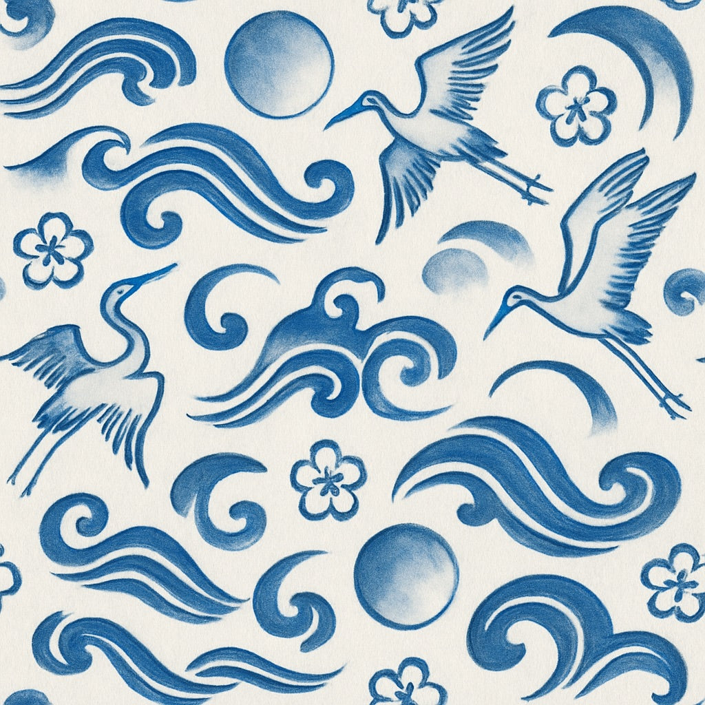 Pattern of blue birds, waves, and flowers on a white background