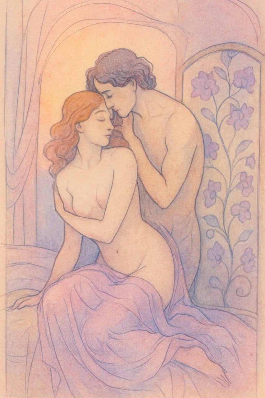 Art Nouveau-style illustration of two nude figures embracing, surrounded by floral elements.