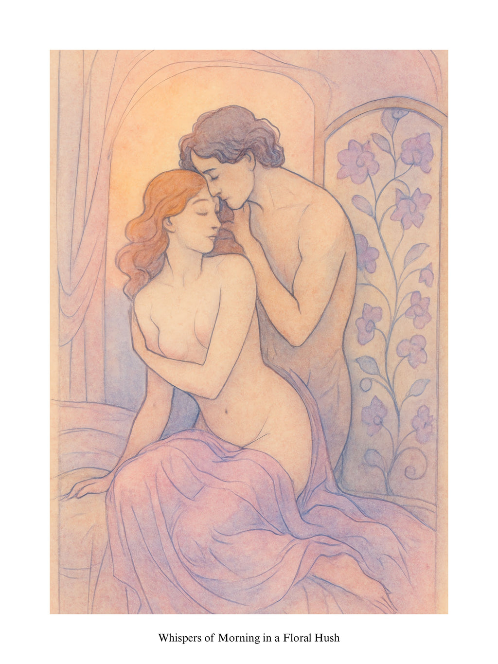 Artistic depiction of two figures embracing with floral elements in the background