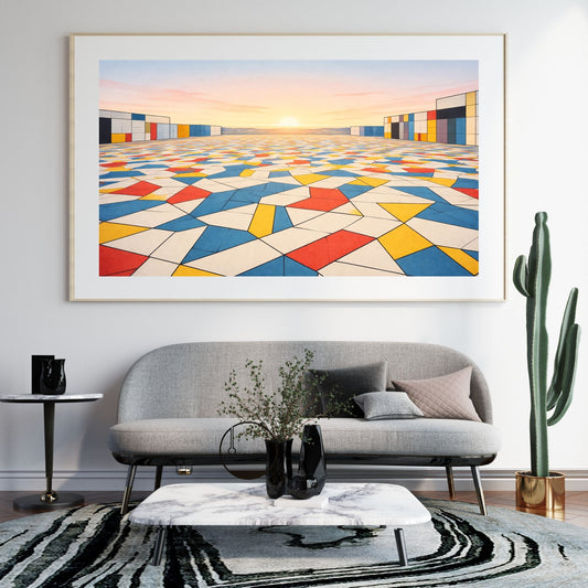 Abstract geometric art print with interlocking colorful polygons at dawn — digital download with full commercial license