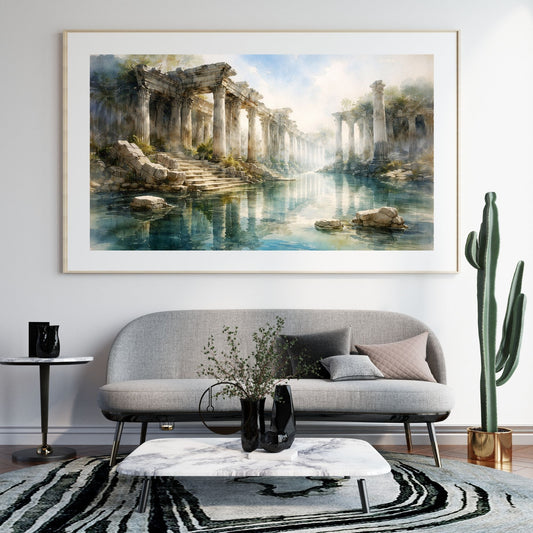 Ancient temple watercolor art print with sunlit columns reflected in turquoise water — digital download with full commercial license