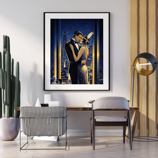 Art Deco romance art print of an elegant couple embracing before a glowing city skyline — digital download with full commercial license