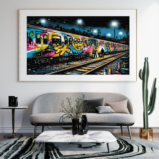 Cyberpunk train yard art print with neon reflections on rain-slicked tracks — digital download with full commercial license