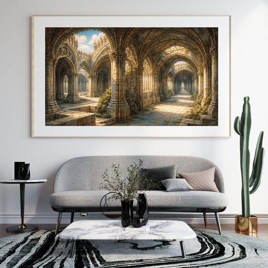 Desert canyon landscape art print with glowing sandstone arches under a blue sky — digital download with full commercial license