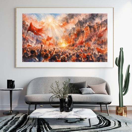 Expressionist revolution art print with surging crowd and blazing flags in fiery color — digital download with full commercial license