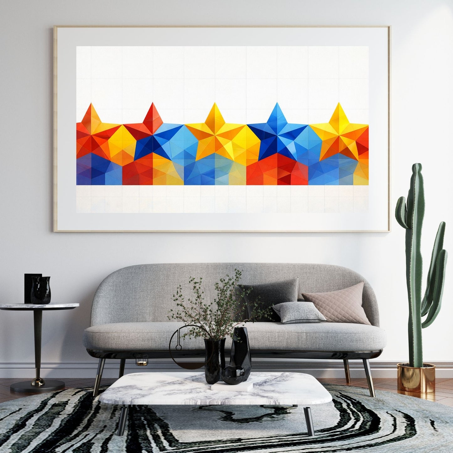 Geometric abstract art print with faceted star forms in primary colors — digital download with full commercial license