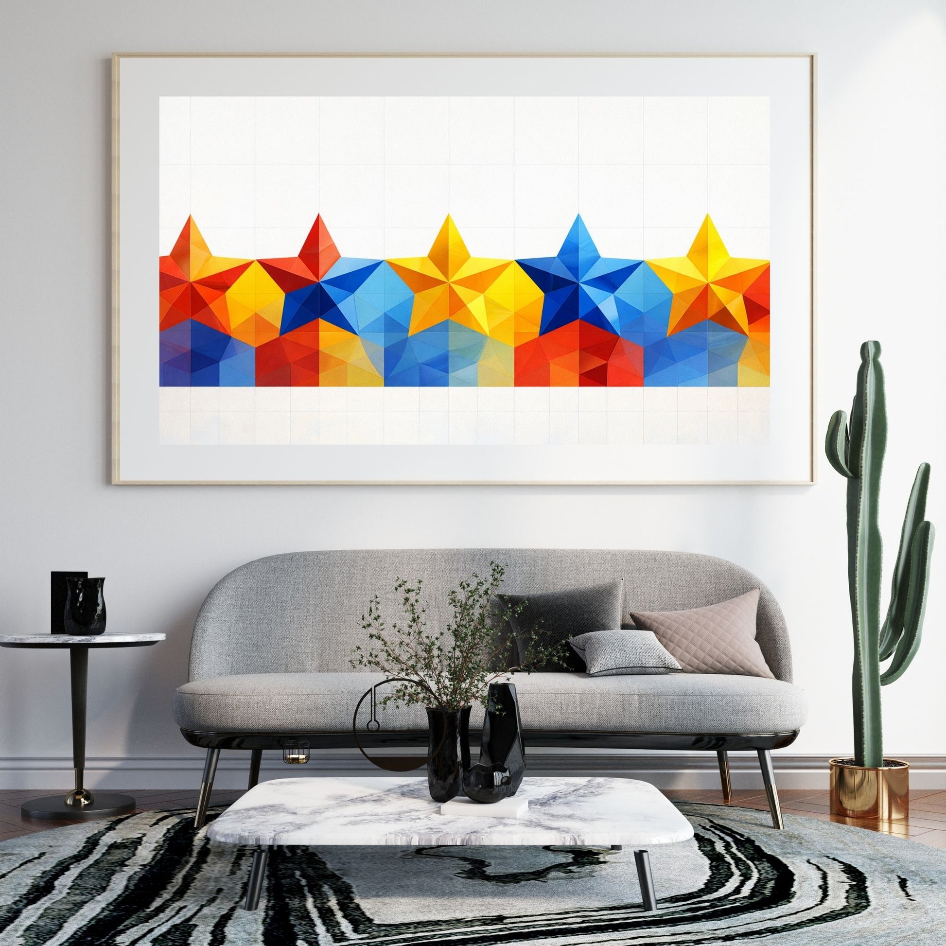 Geometric abstract art print with faceted star forms in primary colors — digital download with full commercial license