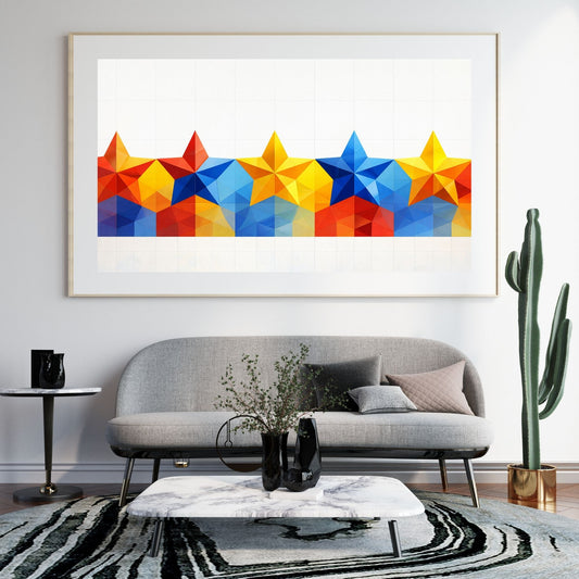 Geometric abstract art print with faceted star forms in primary colors — digital download with full commercial license
