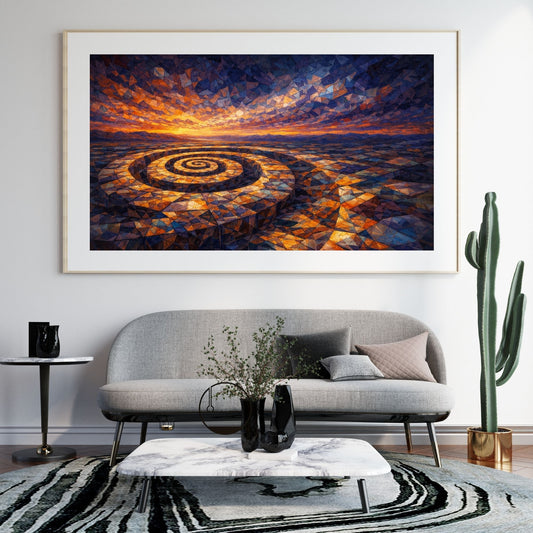 Geometric dusk landscape art print with a monumental spiral rising from a fractured plain — digital download with full commercial license