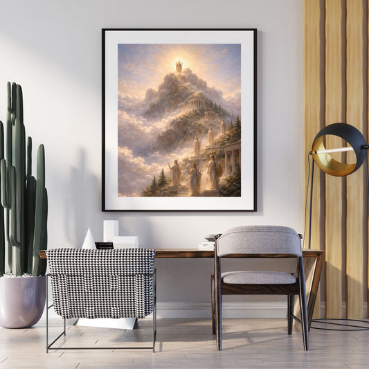 Greek mythology art print of celestial immortals ascending a misty mountain at dawn — digital download with full commercial license