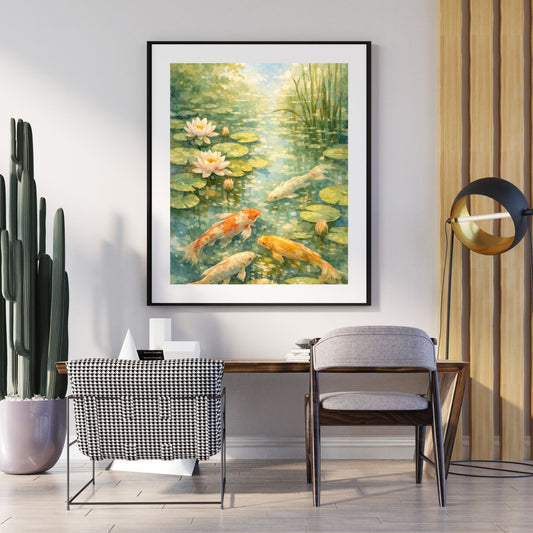 Japanese koi pond art print with floating blossoms and tranquil water — digital download with full commercial license
