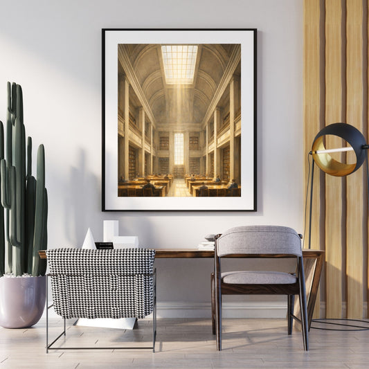 Academic library interior art print with golden light through arched windows — digital download with full commercial license