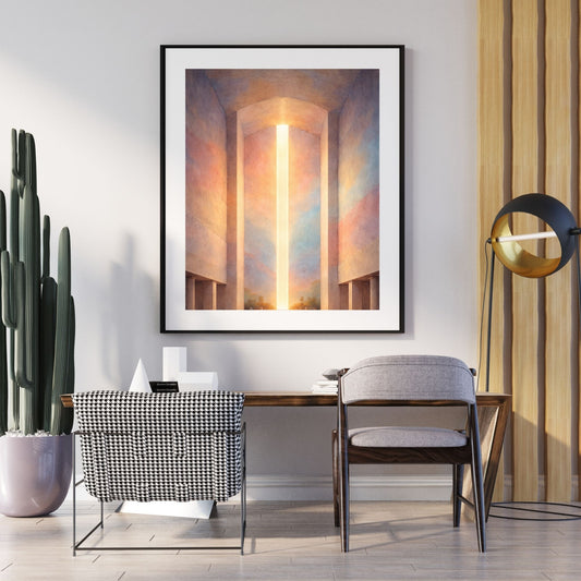 Minimalist sacred architecture art print with a column of dawn light in a vast nave — digital download with full commercial license