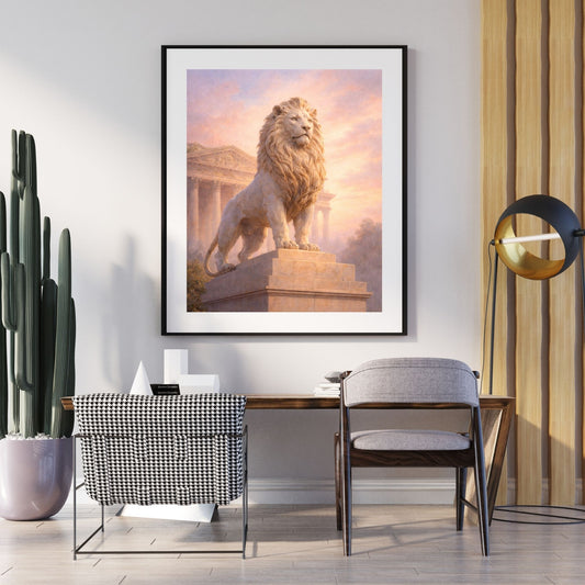 Neoclassical lion sculpture art print with marble statue at dawn against rose-gold sky — digital download with full commercial license