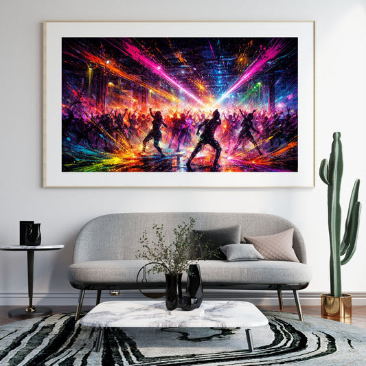 Neon rave concert art print with crowd silhouettes in exploding neon light — digital download with full commercial license
