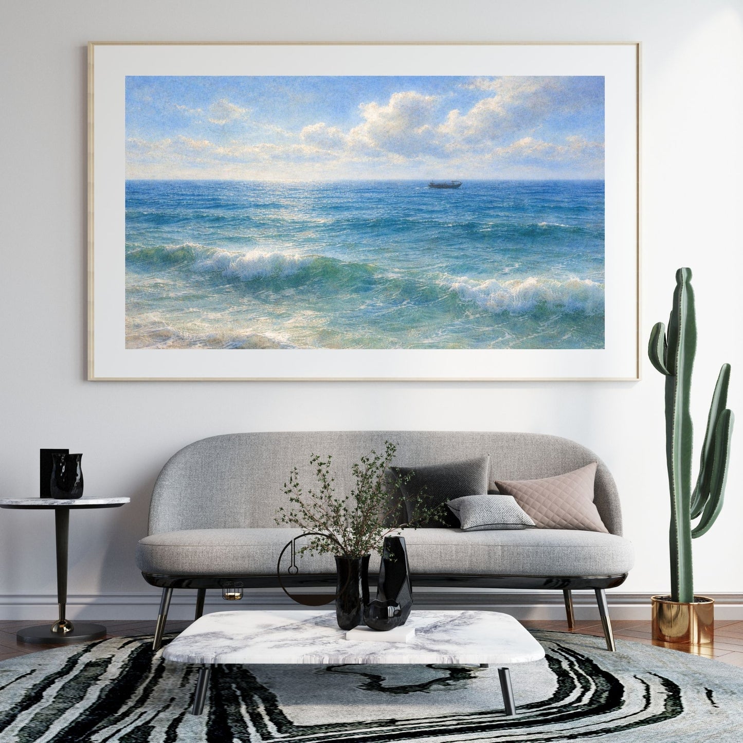 Ocean seascape pastel art print with a solitary boat on turquoise waves — digital download with full commercial license