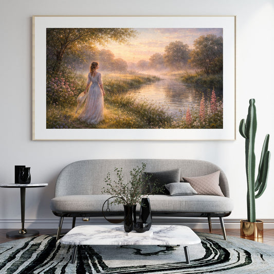 Pre-Raphaelite dawn art print of a woman beneath a golden morning sky — digital download with full commercial license