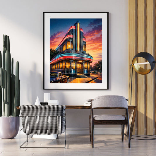 Retro diner art print with chrome exterior and classic car in warm afternoon light — digital download with full commercial license