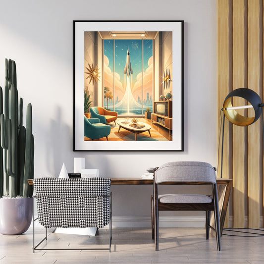 Retro futurist interior art print with mid-century modern living room and rocket launch view — digital download with full commercial license