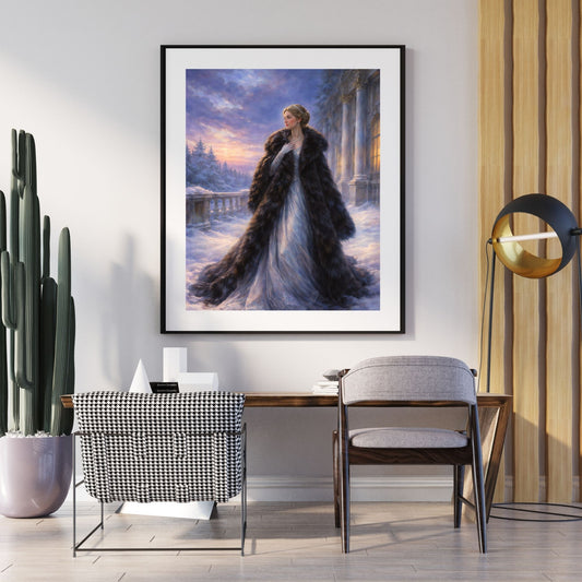 Romantic winter empress art print with snow crown and fading fire tones — digital download with full commercial license