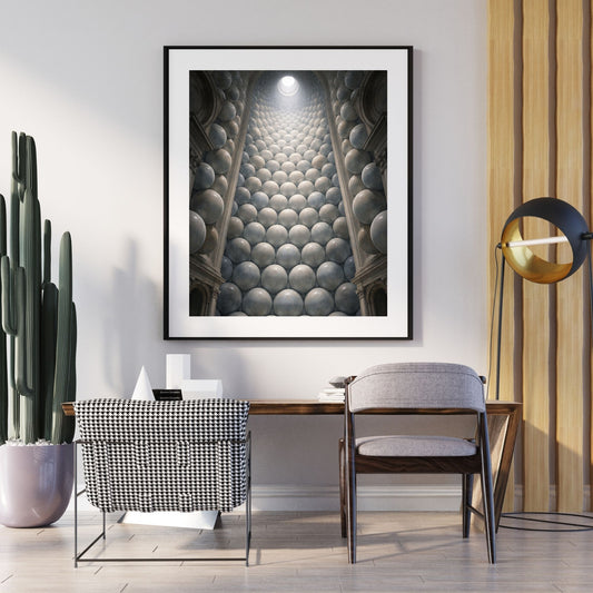 Sacred geometry architecture art print with marble spheres ascending toward a radiant oculus — digital download with full commercial license