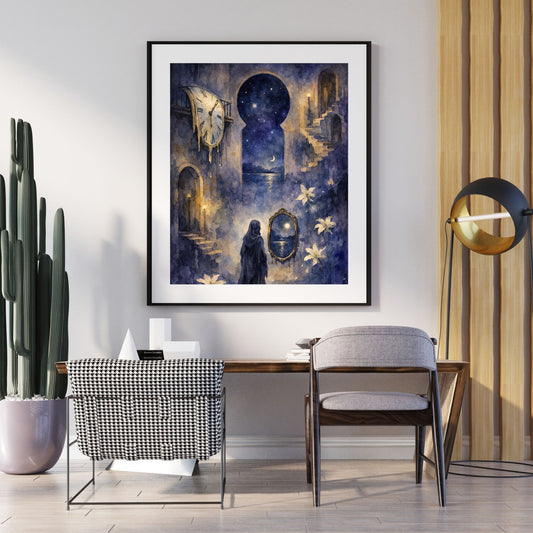 Surrealist night interior art print with melting clock and starlit keyhole — digital download with full commercial license