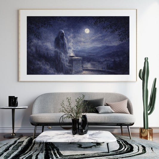 Symbolist mystery art print of a veiled figure at a twilight precipice — digital download with full commercial license