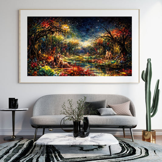 Tropical night garden art print with glowing exotic blooms under a midnight sky — digital download with full commercial license