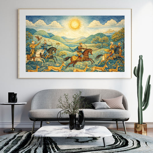 Turkic miniature royal hunt art print in jewel-toned lapis and gold — digital download with full commercial license