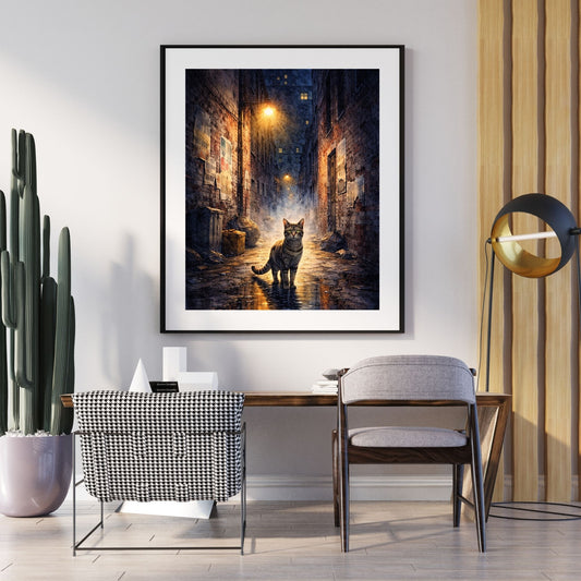 Urban cat night art print of a tabby in a rain-slicked cobblestone alley — digital download with full commercial license