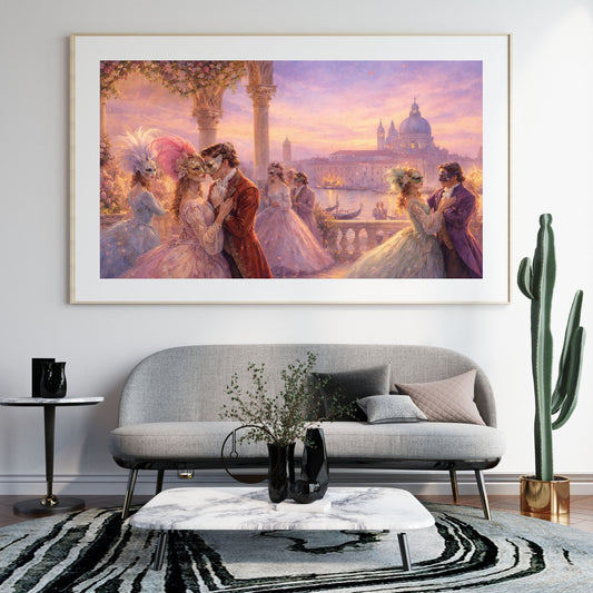 Venetian masquerade art print with masked figures in pastel silks at twilight — digital download with full commercial license
