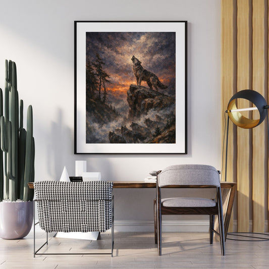 Wolf pack romantic art print with wolves howling through silver fog — digital download with full commercial license